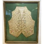 17TH/18TH CONTINENTAL SILK EMBROIDERED WAISTCOAT, framed and glazed, 84cm x 69cm.