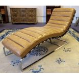 BARCELONA DAYBED, mid century design ribbed tan leather on chrome support, 150cm L.