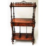 MUSIC CANTERBURY WHATNOT, Victorian burr walnut with fret work gallery,