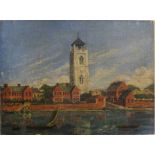 18th CENTURY ENGLISH SCHOOL 'Riverside View of a Belfry - probably of St Nicholas Church in