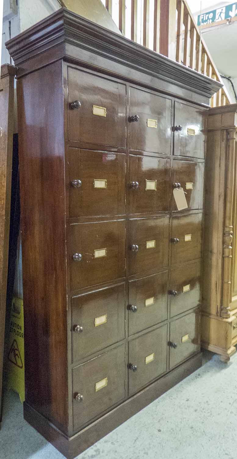 LOCKERS, Victorian mahogany, a set of fifteen hinged panelled doors with plinth and cornice,