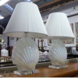 TABLE LAMPS, a pair, 1950s french style, opaline glass clam shell design, with shades, 75cm H.
