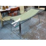 FRAG DINING TABLE, glass top with leather detail, 180cm x 90cm x 73cm.