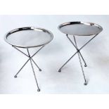 OCCASIONAL TABLES, a pair, circular polished chromium tray tops on folding tripod support with ring,