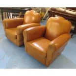 CLUB ARMCHAIRS, a pair, Art Deco style, with tan leather upholstery, 88cm W x 83cm H.