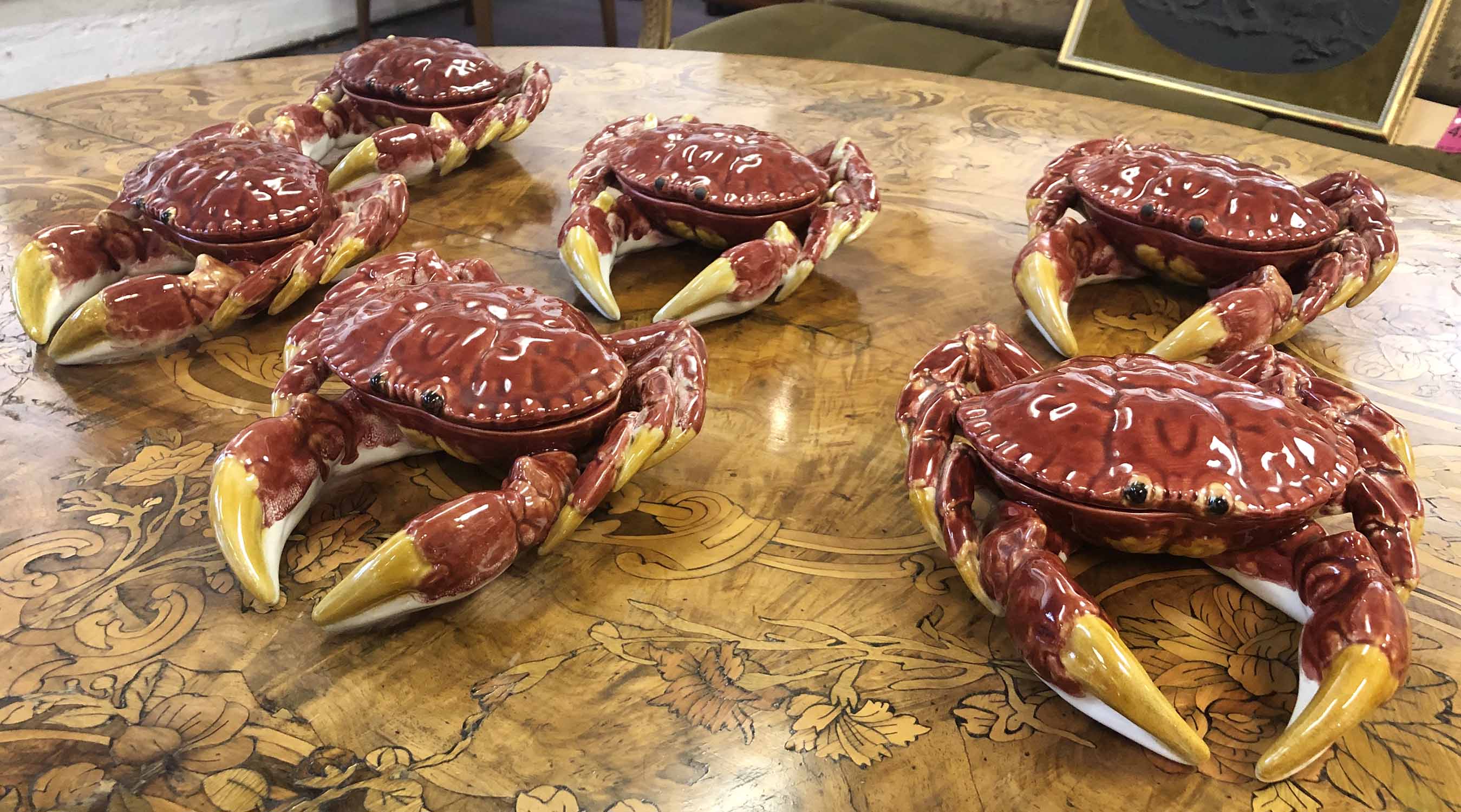 VINTAGE PALISSY STYLE MAJOLICA CRAB DISHES, a set of six, 22cm L.