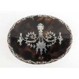 SILVER AND TORTOISESHELL JEWELLERY BOX, oval with floral inlay and lions head, marked London 1904.