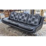 SOFA, circa 1970's, three seater, with loose black leather buttoned back and seat cushions,