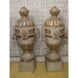 GATEPOST FINIALS, a pair, 19th century Italian grey painted and parcel gilt of lobed urn form,