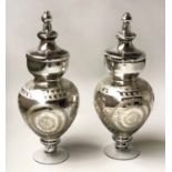 MIRROR VASES, a pair, Venetian style mirrored glass with foliate frosted decoration and lids,