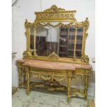 CONSOLE TABLE AND MIRROR, Louis XVI style giltwood with marble top, 241cm H x 209cm x 70cm.