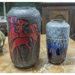 WEST GERMAN VASES, two, fat lava glaze, tallest 50cm H.