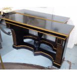 CONSOLE TABLES, a pair, French Art Deco style, ebonised with ply, 86cm x 140cm x 45cm.