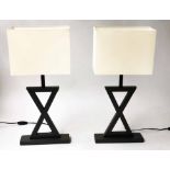 TABLE LAMPS, a pair, bronzed crossover metal frames with rectangular white shades, 66cm H.