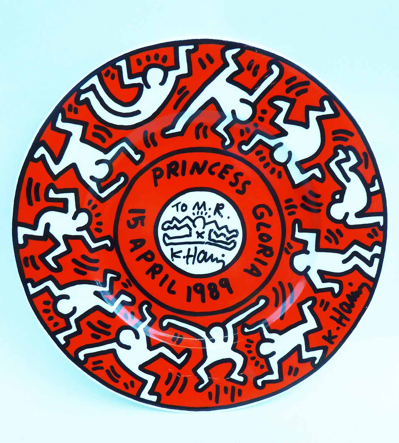 KEITH HARING 'Princess Gloria' plate, white earthenware glazed in red and black, designed 1989,