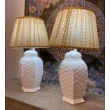 TABLE LAMPS, a pair, 1970's Italian ceramic bamboo lattice design with Pooky shades, 70cm H.
