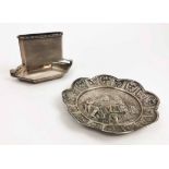 SILVER CONTINENTAL DISH, shaped edge, centre with tavern scene, stamped 925, 12cm D, 3.