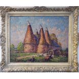 20th CENTURY BRITISH SCHOOL 'Oast House Farm', oil on canvas, 39cm x 50cm, framed.