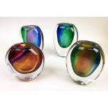 ERIK HOGLUND VASES, four coloured glass, 15cm, 14cm, 13cm.