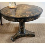 CENTRE TABLE, circular black lacquered and gilt chinoiserie decorated with column and platform base,