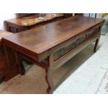 CHINESE LONG TABLE, elm with a carved frieze and two end drawers, 80cm x 221cm x 85cm H.