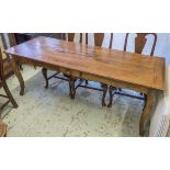 FARMHOUSE TABLE, mid 19th century French cherrywood with two drawers and pine breadboard,