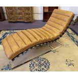 BARCELONA DAYBED, mid century design ribbed tan leather on chrome support, 150cm L.