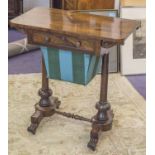 WORK TABLE, George IV rosewood with real and opposing dummy drawer above a fabric lined sewing bag,