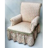 ARMCHAIR, Victorian Colefax and Fowler green pink check upholstered with turned supports.