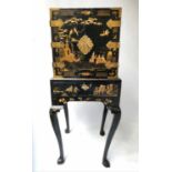CHINESE EXPORT CABINET ON STAND, 19th century black lacquer,