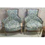 BERGERES, a pair, Directoire grey painted and parcel gilt with patterned upholstery, 70cm x 95cm H.