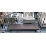 ANDREW MARTIN CONSOLE TABLE, rectangular glass top on metal frame with lower wooden tier,