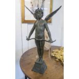 SPELTER FIGURE, 'Winged cherub with bow' titled, 58cm H.