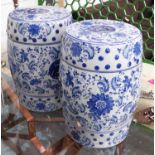 BARREL STOOLS, a pair, Chinese export style blue and white, 46cm H.