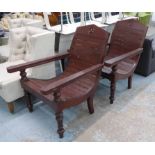 PLANTATION CHAIRS, a pair of slatted construction with footrest arms, each 75cm W.