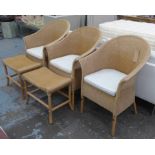 THREE WICKER CHAIRS, 62cm W and two stools.