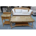 WICKER CONSERVATORY SOFA, 146cm W and side table 45cm and coffee table 120cm L x 80cm.