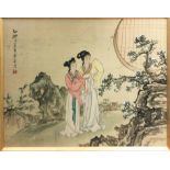 CHINESE SCHOOL 'Young Women in a Garden', watercolour on silk, 29cm x 36cm.