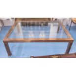 LOW TABLE, the rectangular glass top on a copper base, 91cm D x 43cm H x 131cm L.