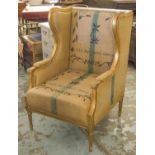 BERGERE A OREILLES, late 19th century French giltwood in sack upholstery, 110cm H x 71cm.