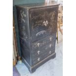 DRINKS CABINET, Chinoiserie black and gilt decorated with a pair of doors over three drawers,