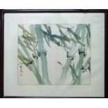 CHINESE WATERCOLOUR OF BAMBOO WITH HARDWOOD FRAME, 69cm x 86cm,