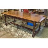 REFECTORY TABLE, cherrywood with a rectangular top on turned column supports joined by stretchers,