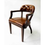 DESK CHAIR, Georgian design mahogany with deep buttoned brass studded tobacco brown leather,