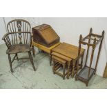 WINDSOR ARMCHAIR, 19th century ash and elm, a nest of oak tables, a stick stand,