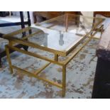 LOW TABLE, brass with rectangular glass top, 40cm H x 122cm x 61cm.