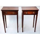 BEDSIDE/LAMP TABLES, a pair, George III style mahogany each with drawer and tapering supports,