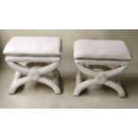 HEARTH STOOLS, a pair, white canvas cotton and nailed square with X frame supports,