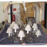 CHANDELIER, metal leaf detail with decorative glass droplets with shades twelve branches two tiers,