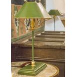 TABLE LAMPS, a pair, toleware style green with a gold border, 41cm H.